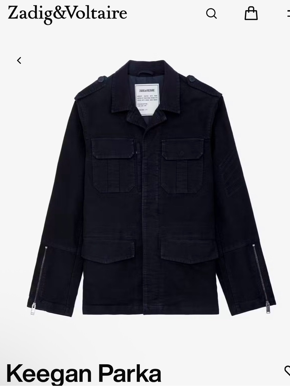 Zadig & Voltaire Keegan Navy Utility Jacket with Zip Sleeve Detail NWT Unisex